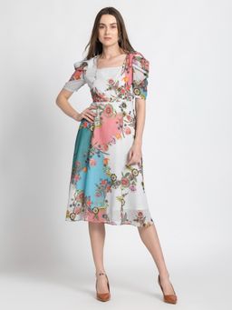 SHAYE - Square Neck Multi Color Floral Print Half Sleeves Casual Midi Dress for Women