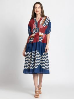 SHAYE - V-Neck Blue Geometric Print Half Sleeves Casual Midi Dress for Women