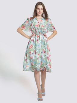 SHAYE - V-Neck Multi Color Floral Print Half Sleeves Casual Knee Length Dress for Women