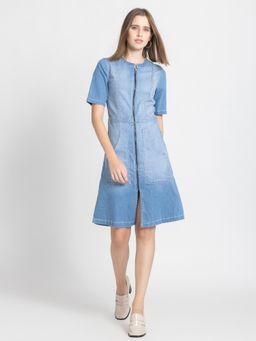 SHAYE - Round Neck Light Blue Solid Half Sleeves Casual Knee Length Dress for Women