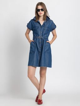 SHAYE - Shirt Collar Blue Solid Half Sleeves Casual Mini Dress for Women (Set of 2)