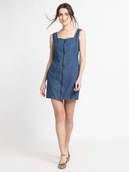 SHAYE - Sweetheart Neck Blue Solid Sleeveless Casual Mini Dress for Women