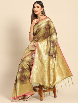 Akhilam - Womens Silk Blend Olive Woven Design Designer Saree with Unstitched Blouse
