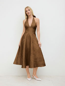 Cider - Jacquard Sculptural Halter Neckline Floral Lace Up Maxi Dress