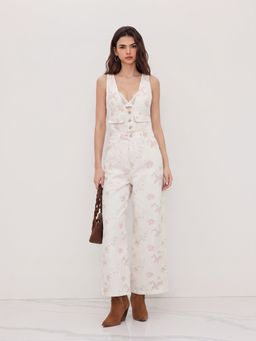 Cider - Denim V-Neck Button Pocket Wide Leg Jumpsuit