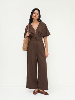 Cider - Linen-Blend V-Neck Ruched Dolman Sleeve Jumpsuit