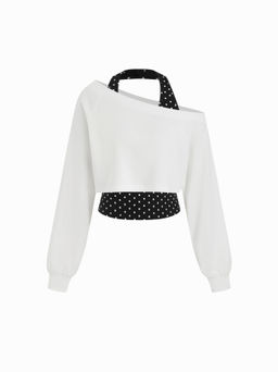 Cider - Two Piece Terry Asymmetrical Neck Crop Sweatshirt with Striped Tank Top