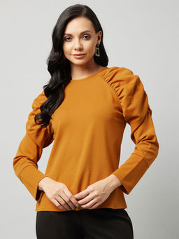 Marie Claire - Women Casual Mustard Round Neck Long Sleeves Solid Regular Top