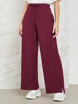 Styli - Women Solid Wide Leg Palazzo Pants Burgundy