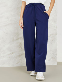 Styli - Women Solid Wide Leg Palazzo Pants Navy Blue