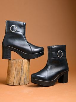 Shoetopia - Chunky Platform Ankle Boots With Rhinestone Buckle For Girls _ Black