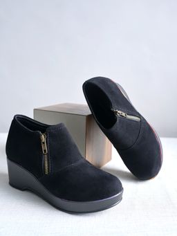 Shoetopia - Girl's Faux-Suede Wedge Ankle Boots-Black