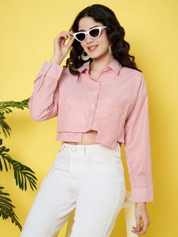 ANVI Be Yourself - Stripped Collared Neck Long Sleeve Cotton Crop Shirt