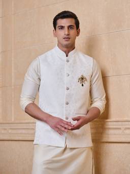 TASVA - Ivory Jacquard Single Bundi Jacket