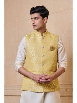 TASVA - Yellow Jacquard Single Bundi Jacket