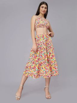 ANNY - Orange Spring Floral Crop Top with Skirt