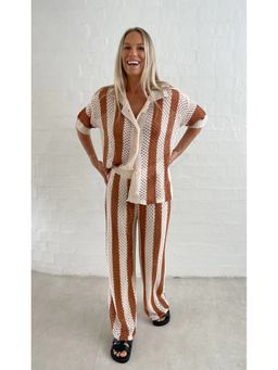 ANNY - Brown Crochet Striped Top with Pant
