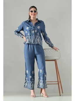 ANNY - Blue Embroidered Denim Ease Top with Pant