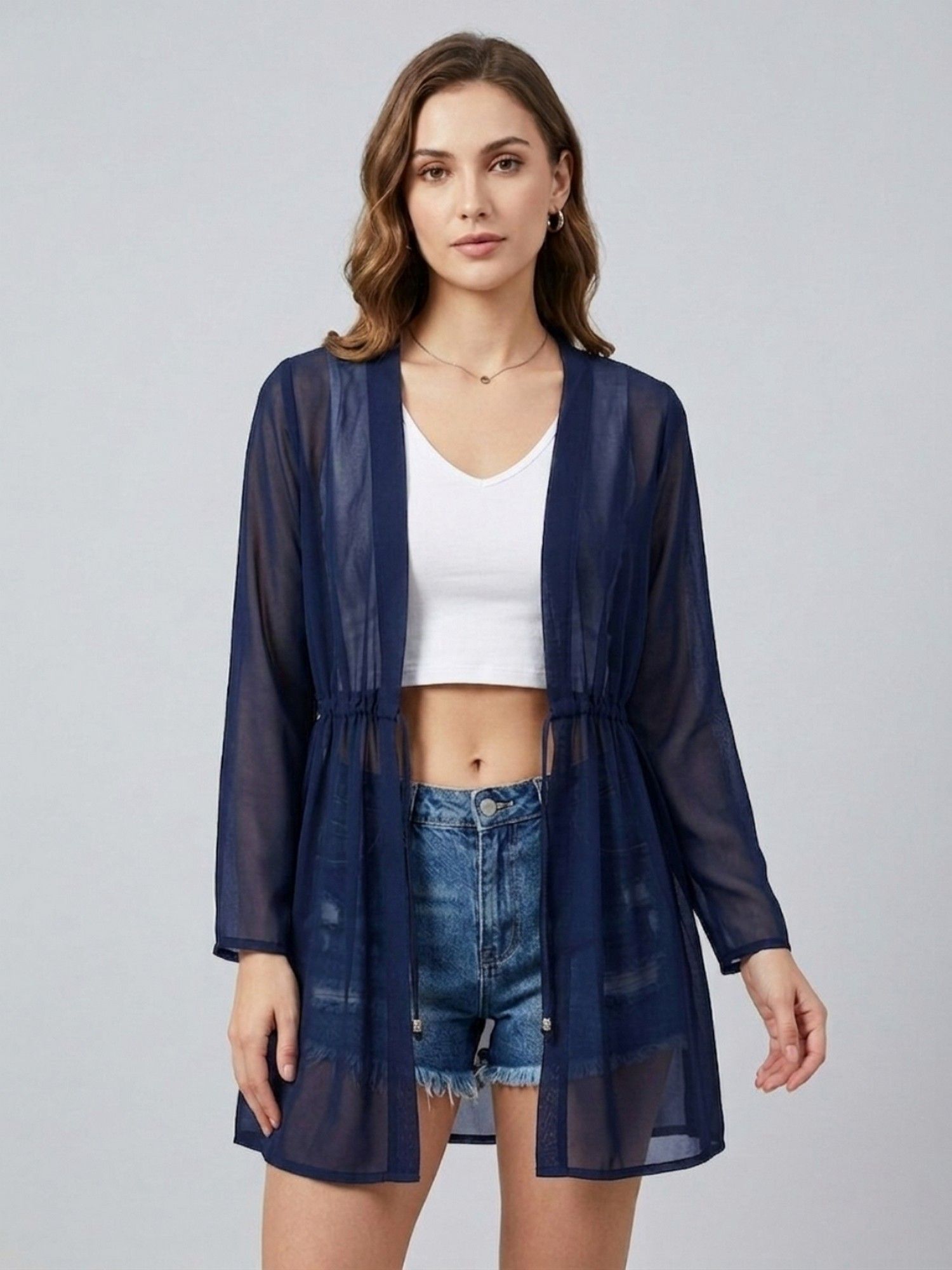 Women Solid Navy Blue Georgette Tie-Ups Regular Shrug-picture-32
