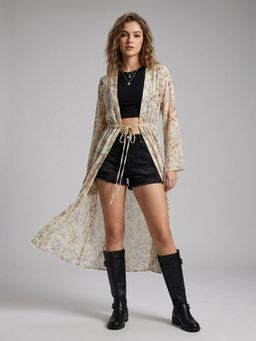 ANVI Be Yourself - Women Floral Printed Brown Chiffon Tie-Ups Longline Shrug