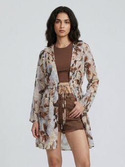 ANVI Be Yourself - Women Floral Printed Cream Chiffon Tie-Ups Regular Shrug