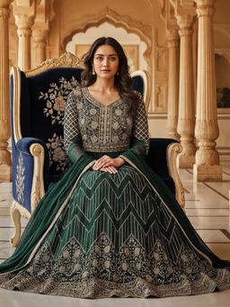 Chhabra 555 - Georgette Flared Zari Embroidered Floral and Striped Green Anarakali Gown