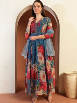 Chhabra 555 - Floral Print with Mirror Embellished Yoke Pleated Teal Gown with Dupatta