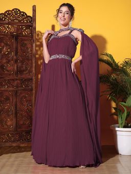 Chhabra 555 - Zircon Embellished With Accordian Pleats Cocktail Purple Gown with Cape Sleeves
