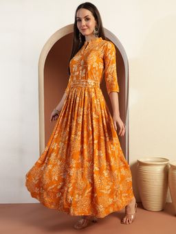 Chhabra 555 - Floral Print Flared with Mirror Sequin Embellishments Mustard Dress with Belt