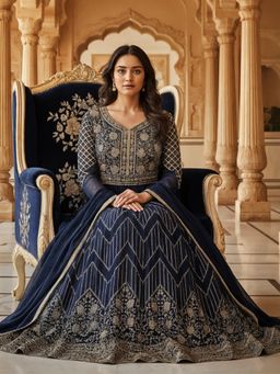 Chhabra 555 - Georgette Flared Zari Embroidered Floral and Striped Navy Blue Anarakali Gown