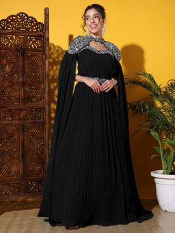Chhabra 555 - Zircon Embellished With Accordian Pleats Cocktail Black Gown with Cape Sleeves