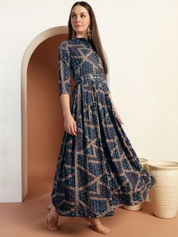Chhabra 555 - Floral Print Flared with Mirror Sequin Embellishments Navy Blue Dress with Belt