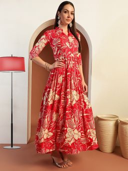 Chhabra 555 - Floral Print Flared with Mirror Sequin Embellishments Red Dress with Belt