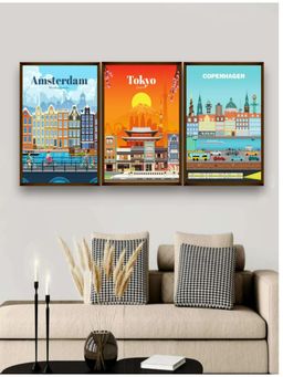 The Art House - Blue Orange Abstract Painting Set of 3