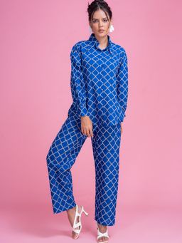 Lounge Dreams - Schiffli Cotton Embroidered Women Co-Ord Blue (Set of 2)