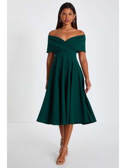 Quiz Clothing - Bottle Green Scuba Crepe Bardot Skater Midi Dress