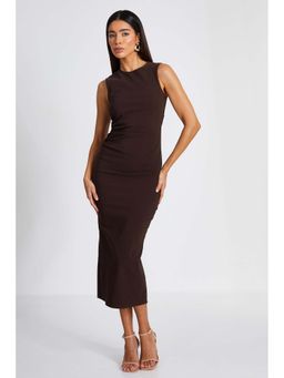 Quiz Clothing - Brown Round Neck Ruched Waist Midi Dress