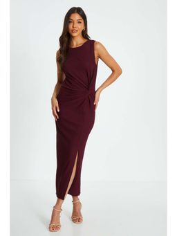 Quiz Clothing - Wine Textured Round Neck Sleeveless Knot Front Midaxi Dress