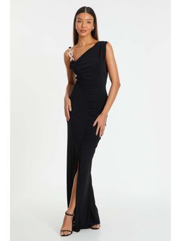 Quiz Clothing - Black Diamante Trim Ruched Maxi Dress