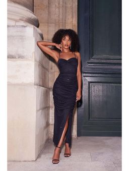 Quiz Clothing - Black Mesh Stud Strap Knot Front Maxi Dress