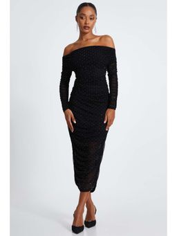 Quiz Clothing - Black Mesh Studded Bardot Long Sleeve Midi Dress