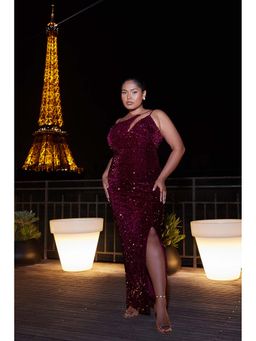 Quiz Clothing - Berry One Shoulder Cut Out Sequin Maxi Dress