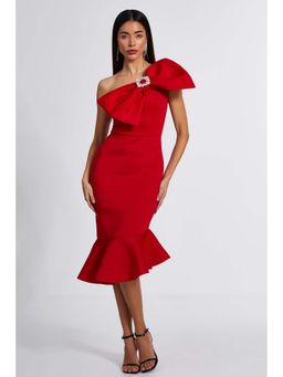 Quiz Clothing - Red Scuba One Shoulder Bow Frill Midi Dress