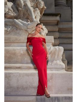 Quiz Clothing - Red Scuba Crepe Satin Bardot Ruched Maxi Dress