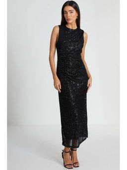 Quiz Clothing - Black Round Neck Sleeveless Sequin Maxi Ruched Side Dress