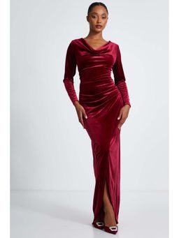 Quiz Clothing - Berry Velvet Cowl Long Sleeve Maxi Dress