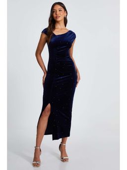 Quiz Clothing - Navy Studded Velvet Short Sleeve Midi Dress