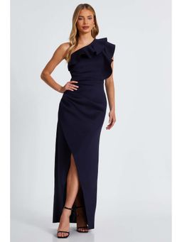 Quiz Clothing - Navy One Shoulder Ruffle Wrap Maxi Dress