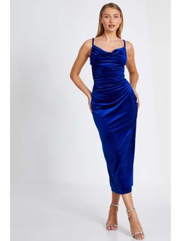 Quiz Clothing - Royal Blue Velvet Strappy Cowl Ruched Waist Midi Dress