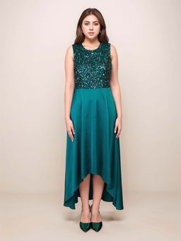 Zink London - Women Green Sequinned Sleeveless Midi Dress
